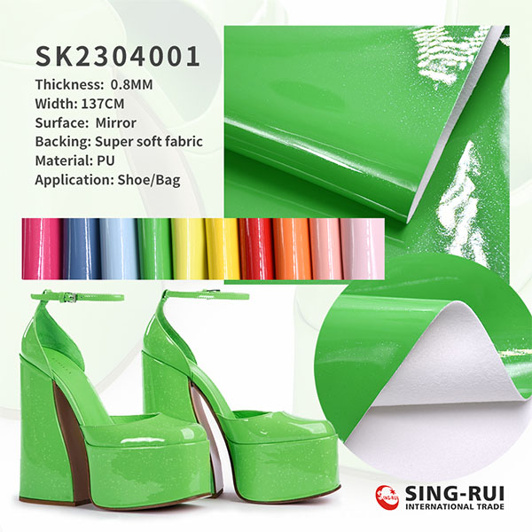Patent fabric with glitter powder charol fabric materials soft mirror fluorescence color pu leather products for shoe bag
