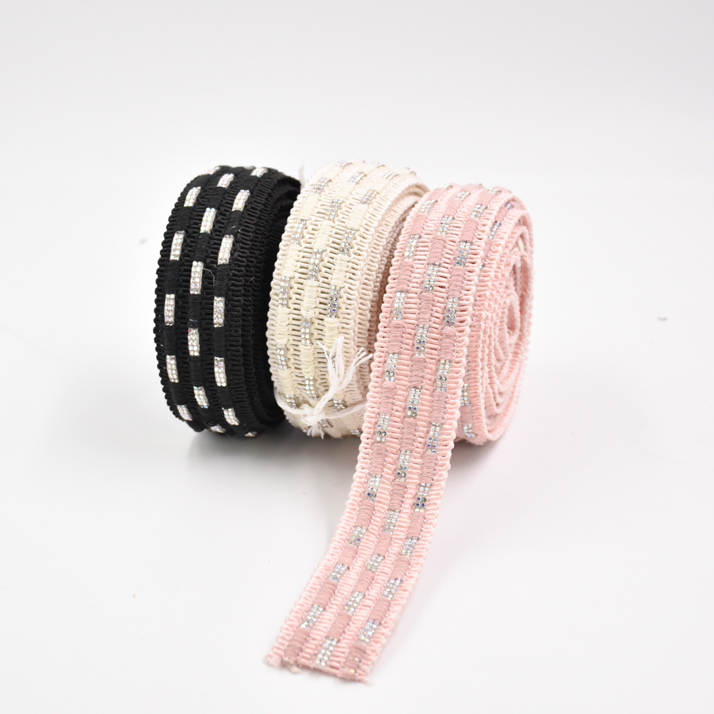 Wholesale 3.5CM Cotton rhinestone Sewing Trims Sandals Decoration Custom Flat Braided Shoelace Strap Ribbon Semi Accessory Jacquard Webbing